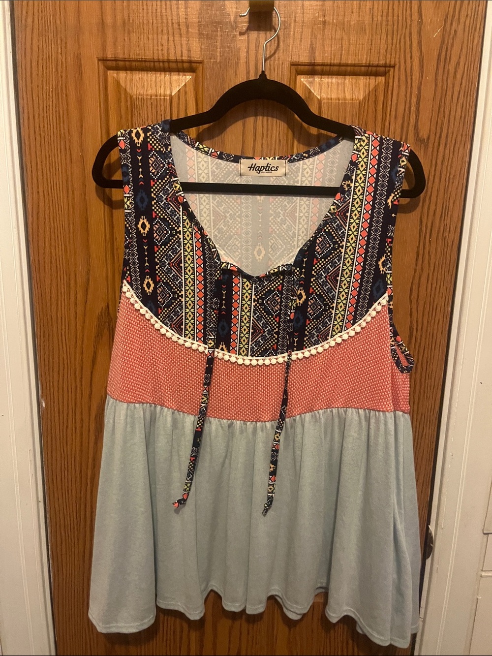 Haptics Boho Mixed-Print Sleeveless Tunic - Navy, Coral & Light Blue